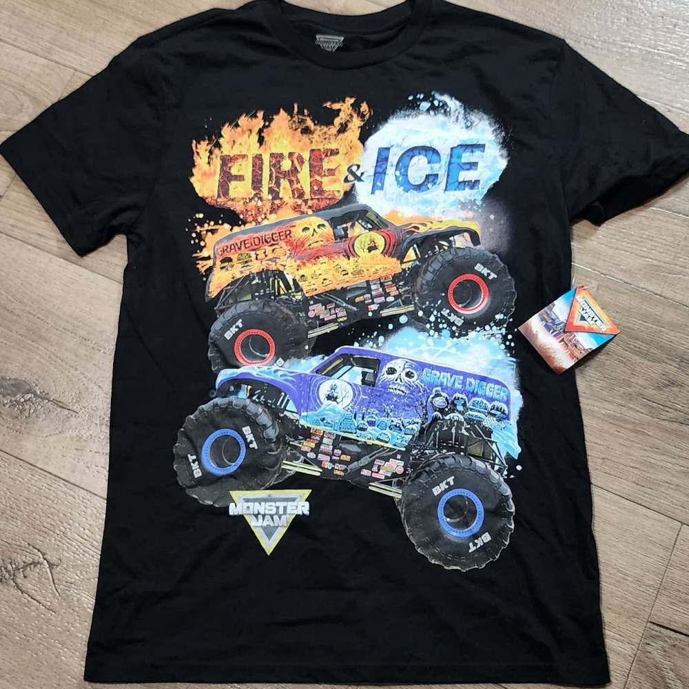 Monster Jam Grave Digger Fire & Ice Tour T-Shirt Mens Medium Black Graphic Tee